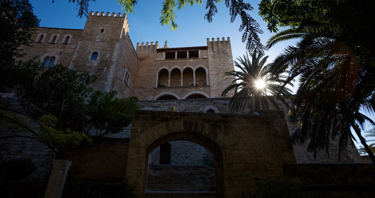 Building in Palma de Mallorca with the sun shining through a palm