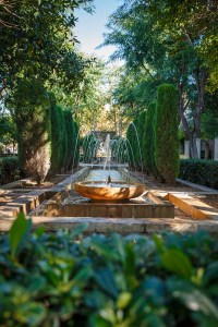 Beautiful and symmetrical fountain near the cathedral of Palma.
