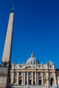St Peters Basilica. Front view with a blue sky and the moon in the background